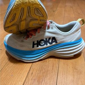Hoka Cream and Blue Athletic Shoes